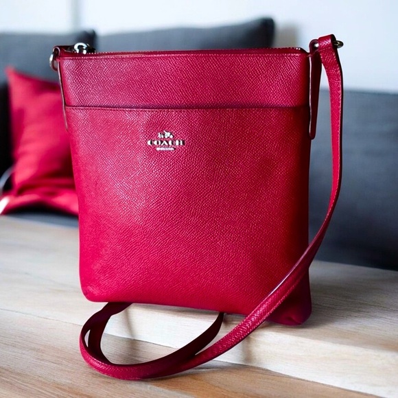 Coach Kit Messenger Red Crossbody Bag Silver Accents  8” x 8” Adjustable Strap - Picture 1 of 12
